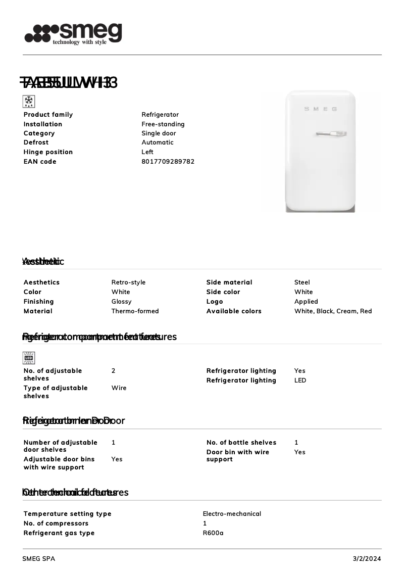 Page n°1 - Fiche technique Smeg FAB5ULWH3