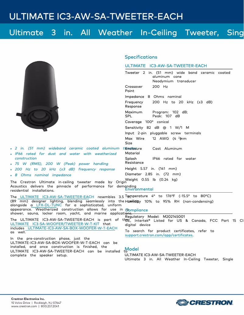 Page n°1 - Fiche technique Crestron ULTIMATE IC3-AW-SA-TWEETER
