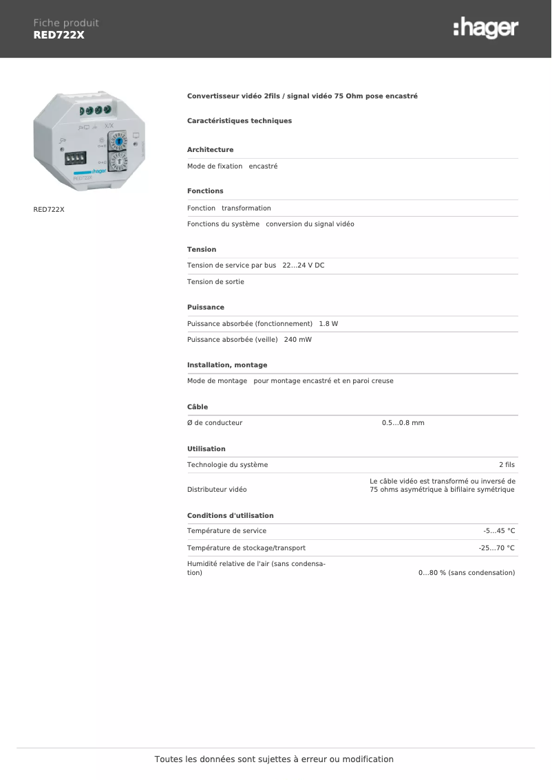 Page n°1 - Fiche technique Hager RED722X