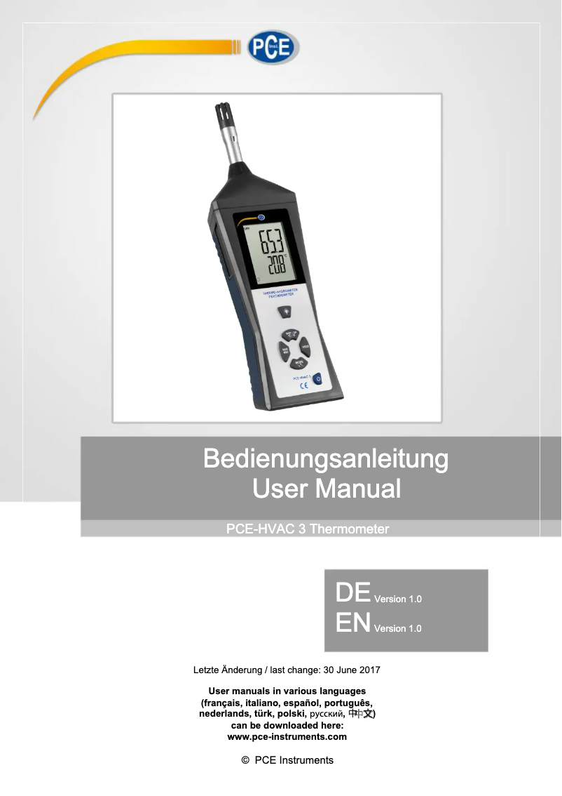 Page 1 de la notice Manuel utilisateur PCE Instruments PCE-HVAC 3