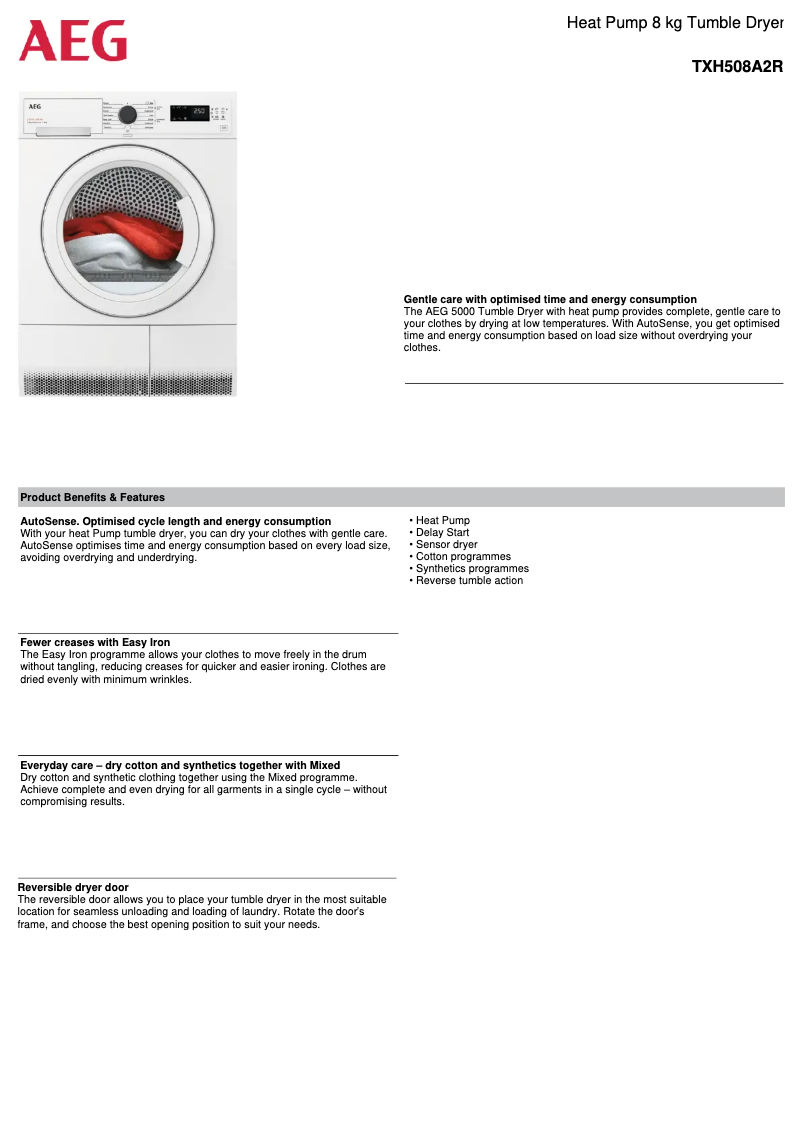 Page 1 de la notice Fiche technique AEG TXH508A2R