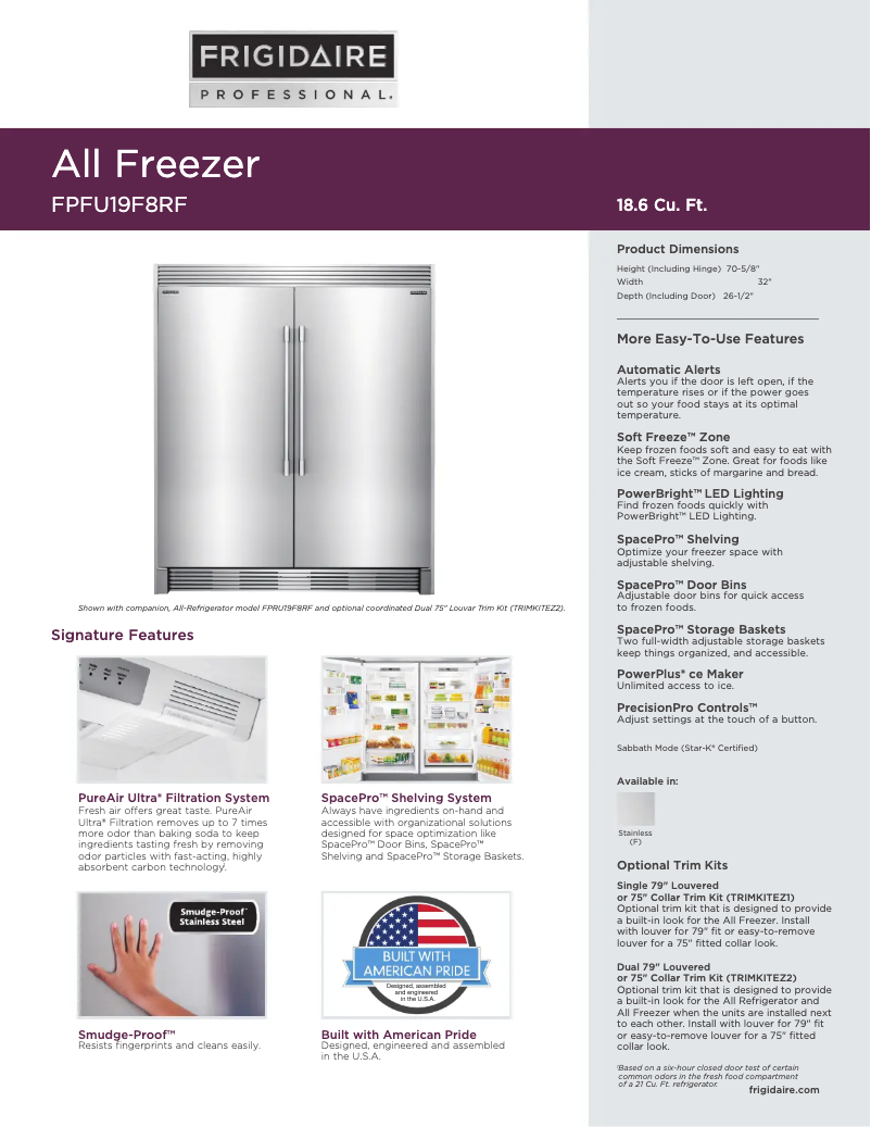 Página 1 del manual Ficha técnica Frigidaire FPFU19F8R