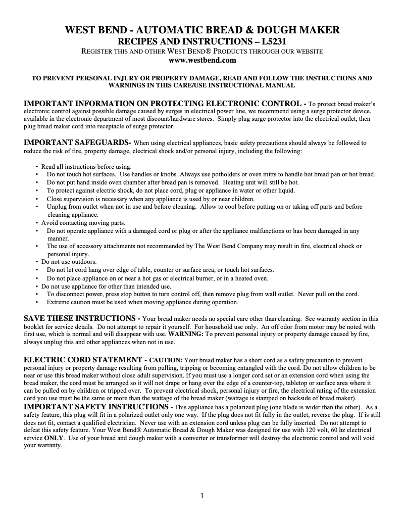 Page 1 de la notice Manuel utilisateur WestBend 41028