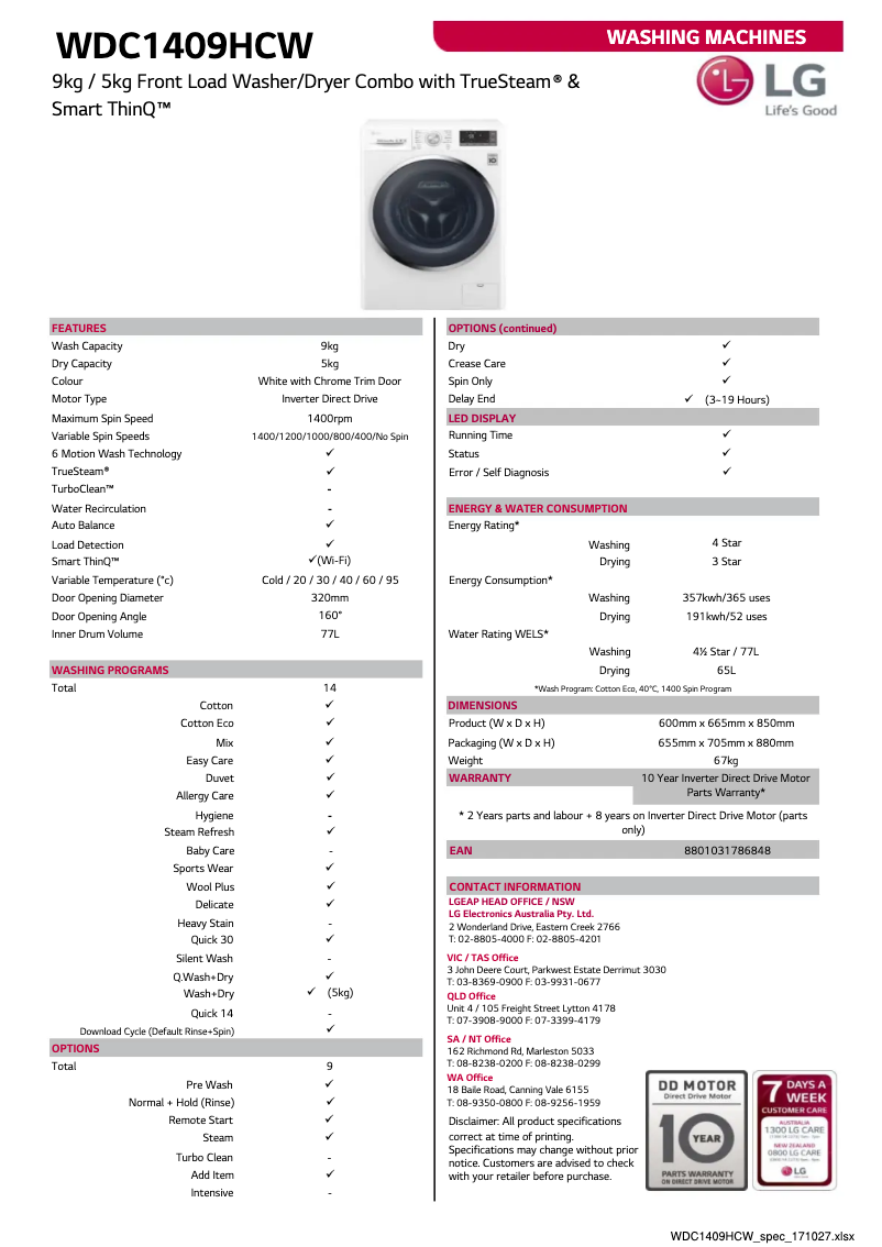 Page 1 de la notice Fiche technique LG WDC1409HCW