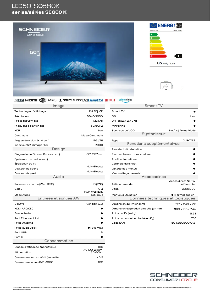 Page 1 de la notice Fiche technique Schneider LED50-SC680K