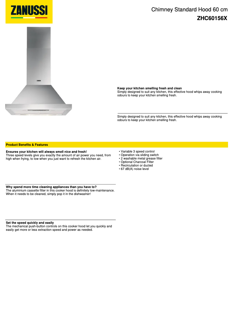 Page 1 de la notice Fiche technique Zanussi ZHC60156X