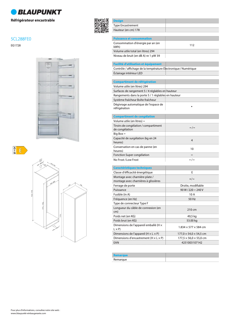 Page n°1 - Fiche technique Blaupunkt 5CL288FE0