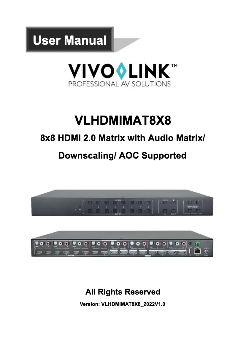 Page n°1 - Manuel utilisateur Vivolink VLHDMIMAT8X8