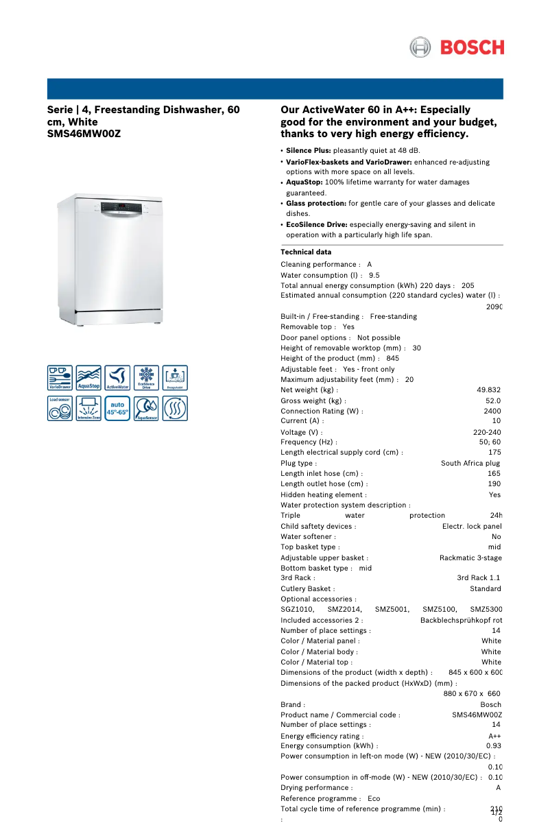 Page 1 de la notice Fiche technique Bosch SMS46MW00Z