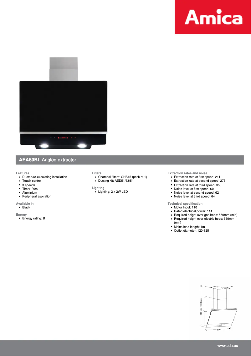 Page 1 de la notice Fiche technique Amica AEA60BL