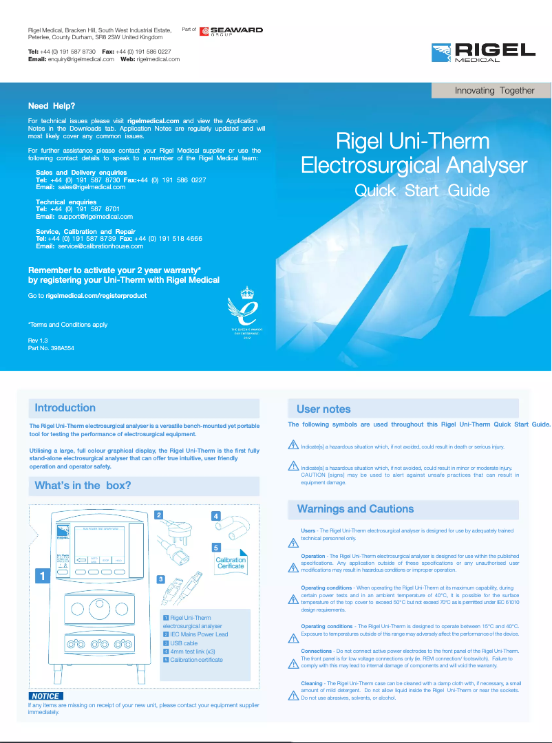 Page 1 de la notice Guide de démarrage rapide Rigel Medical Uni-Therm