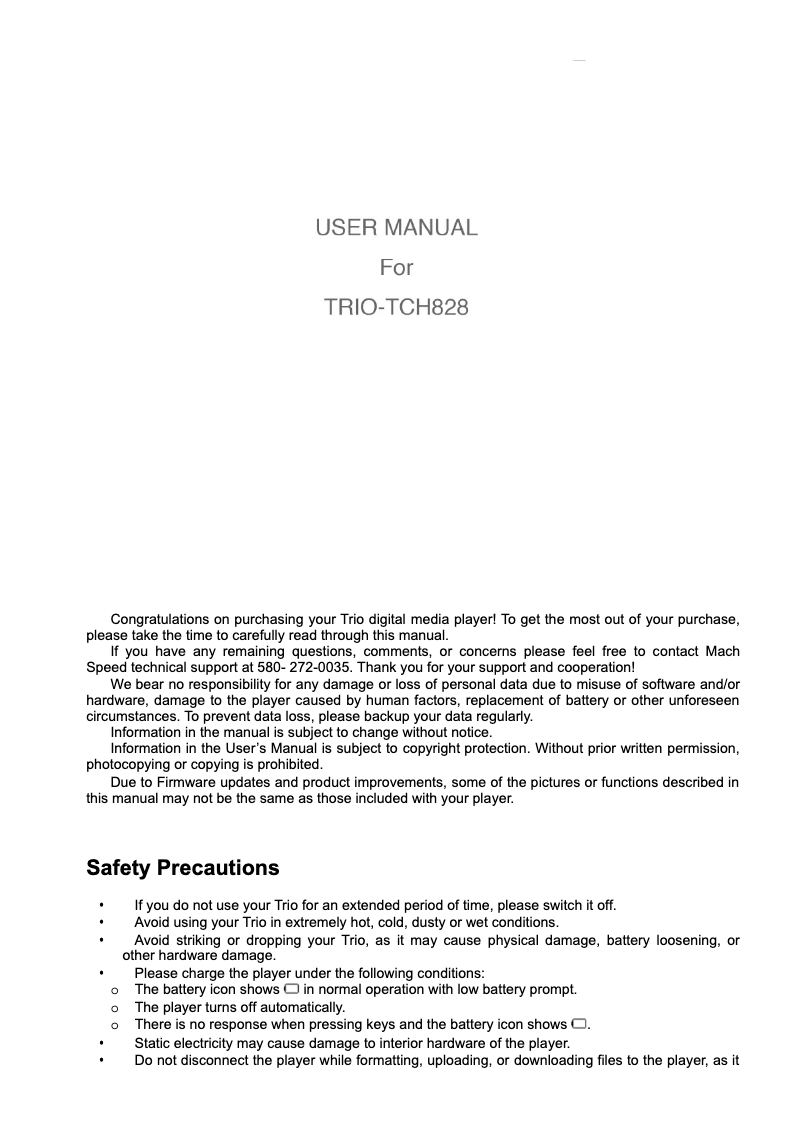 Page 1 of the manual User Manual Mach Speed TRIO-TCH828