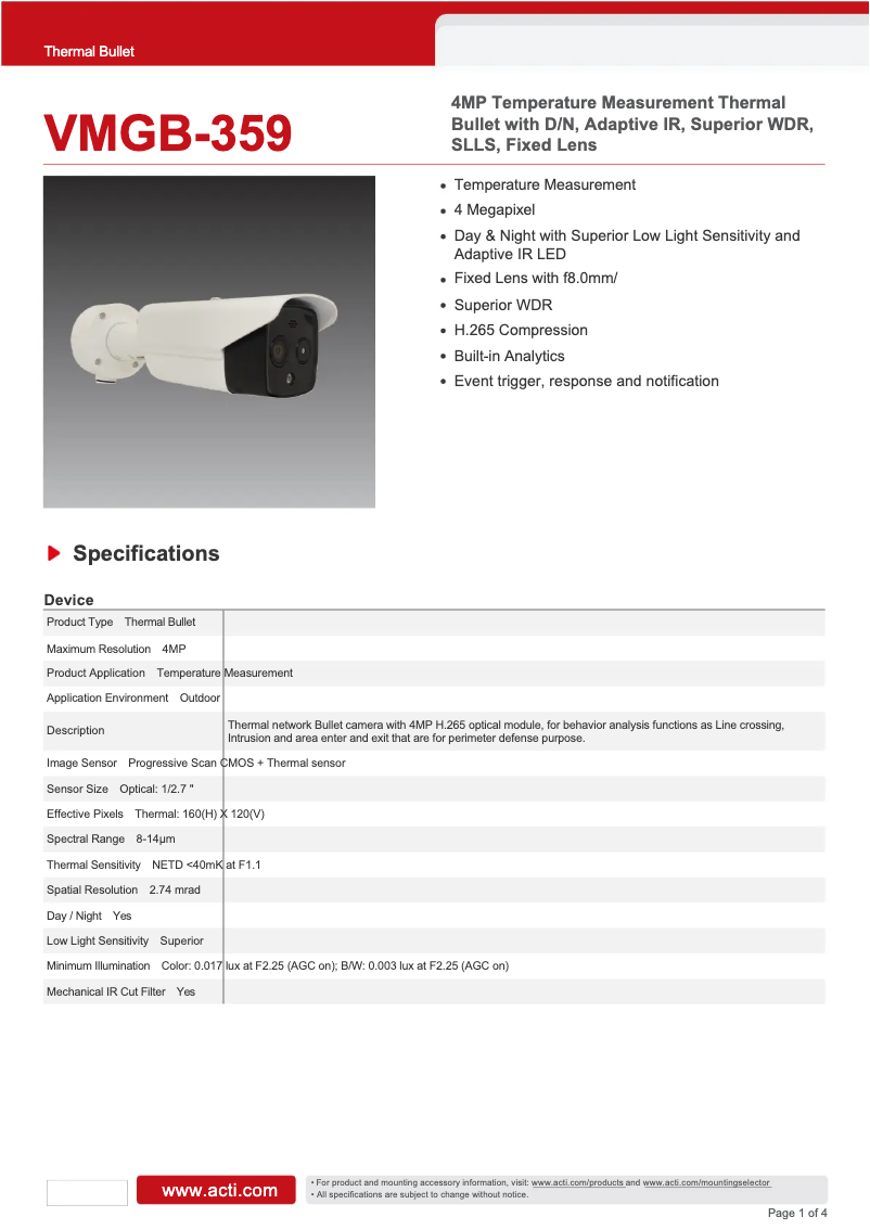 Page n°1 - Fiche technique ACTi VMGB-359