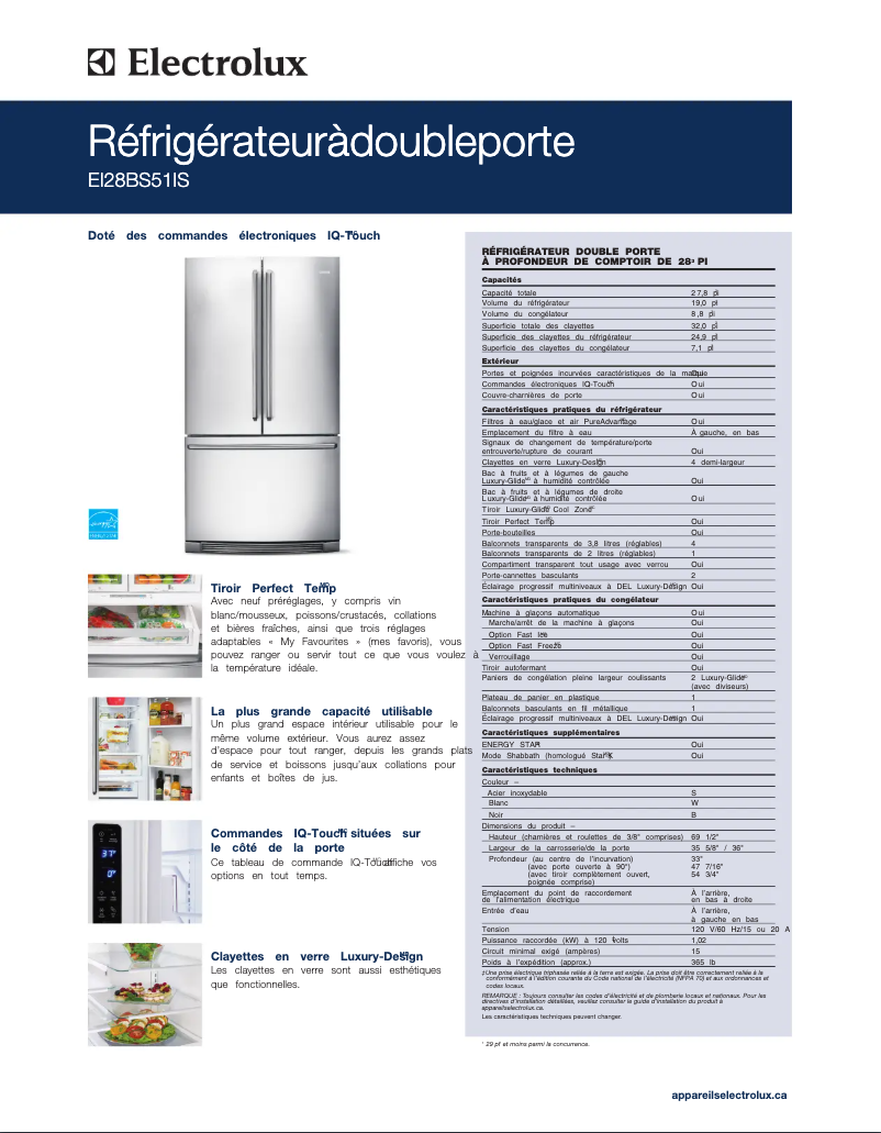 Page 1 de la notice Fiche technique Electrolux EI28BS51IB