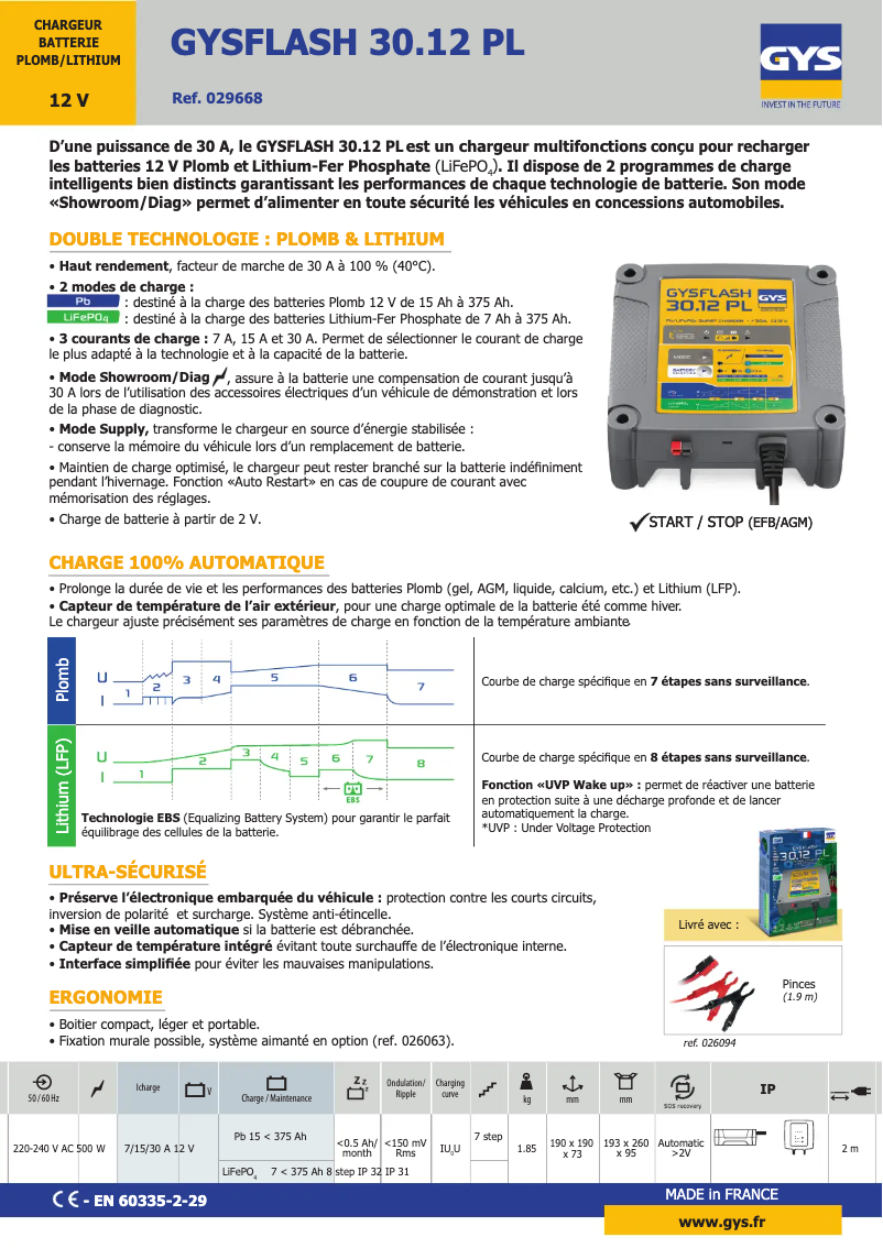 Page 1 de la notice Fiche technique GYS Gysflash 30.12 PL
