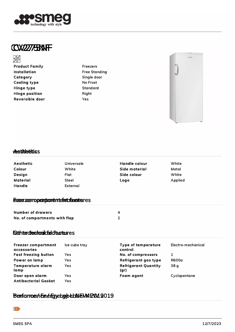 Page n°1 - Fiche technique Smeg CV275NF