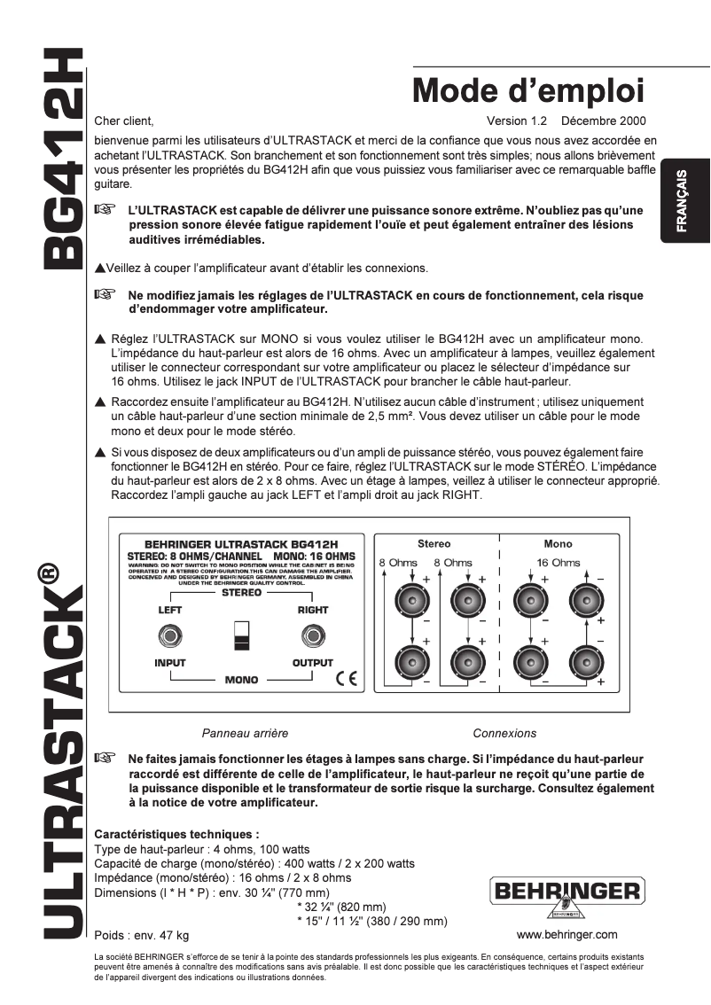 Página 1 del manual Manual de usuario Behringer UltraStack BG412H