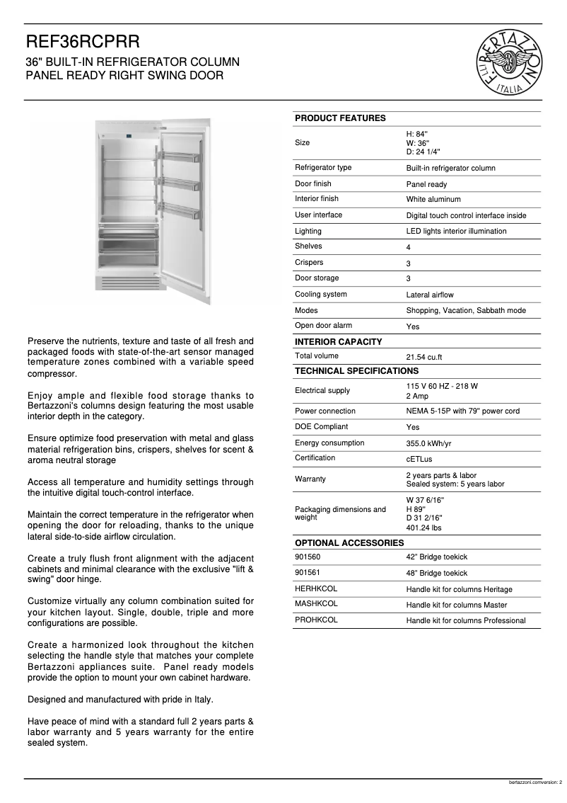 Page 1 de la notice Fiche technique Bertazzoni REF36RCPRR
