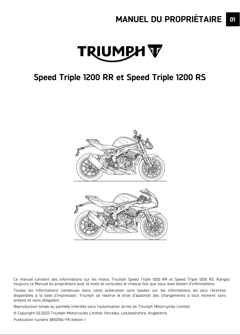 Page 1 de la notice Manuel utilisateur Triumph Speed Triple RS (2025)