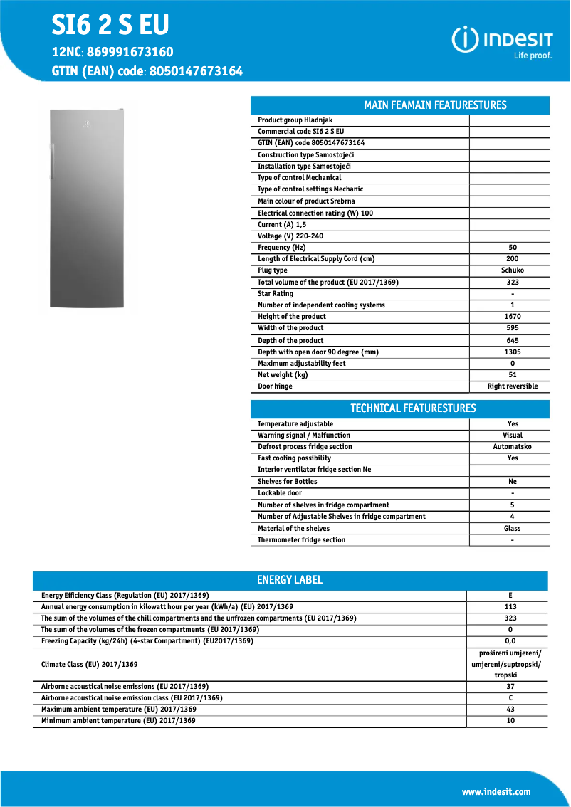 Page n°1 - Fiche technique Indesit SI6 2 S