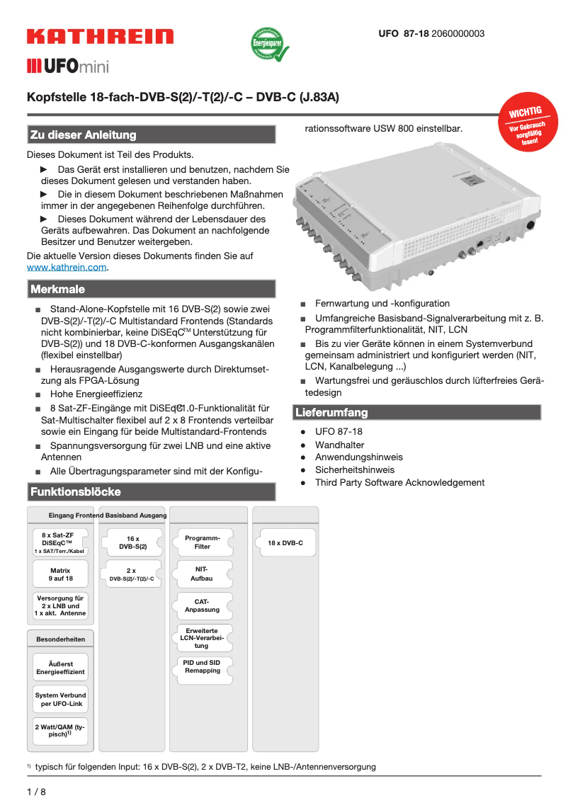 Página 1 del manual Ficha técnica Kathrein UFO 87-18