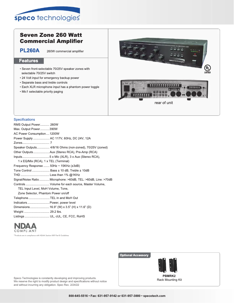 Page n°1 - Fiche technique Speco Technologies PL-260A