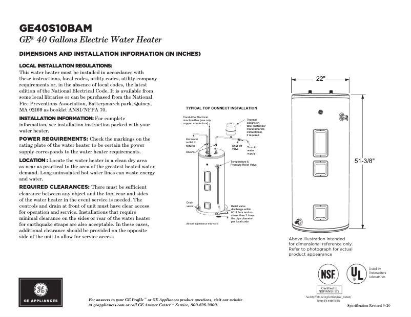 Page 1 de la notice Fiche technique GE GE40S10BAM