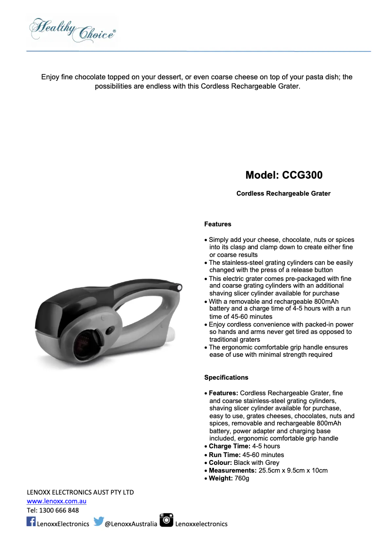 Page n°1 - Fiche technique Lenoxx Healthy Choice CCG300