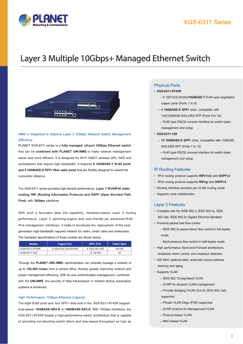 Page n°1 - Fiche technique Planet XGS-6311-12X