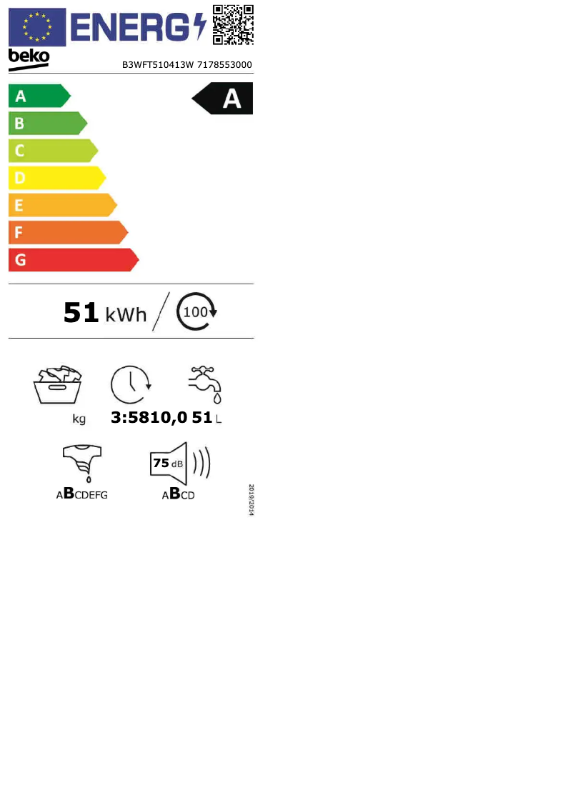Page 1 de la notice Label énergétique Beko B3WFT510413W