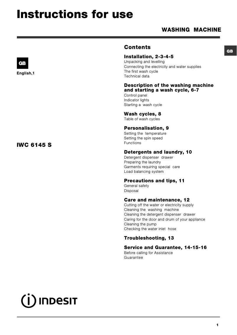 Page 1 de la notice Manuel utilisateur Indesit IWC 6145