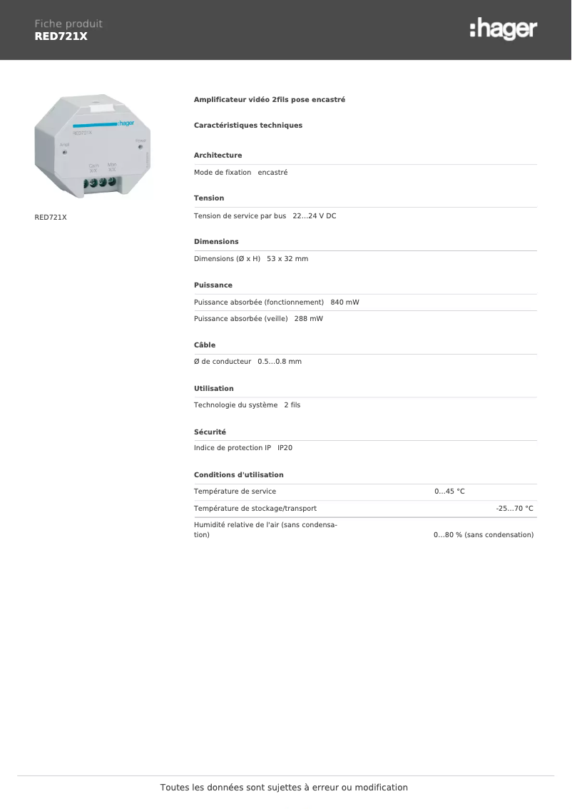 Page 1 de la notice Fiche technique Hager RED721X
