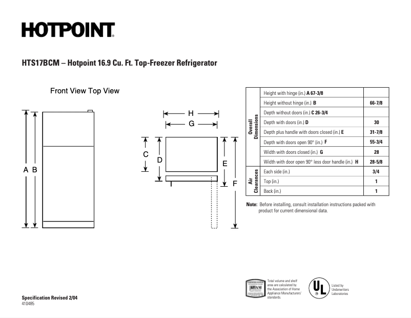 Page 1 de la notice Fiche technique Hotpoint HTS17BCMLCC