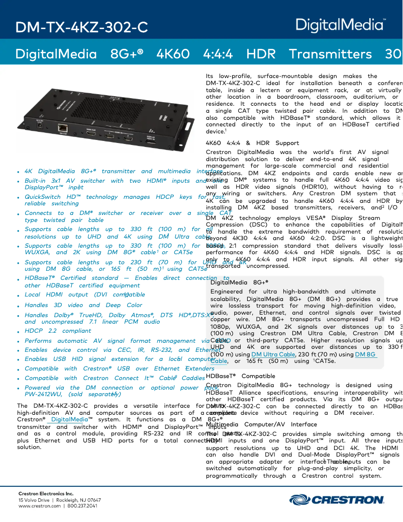 Page 1 de la notice Fiche technique Crestron DM-TX-4KZ-302-C