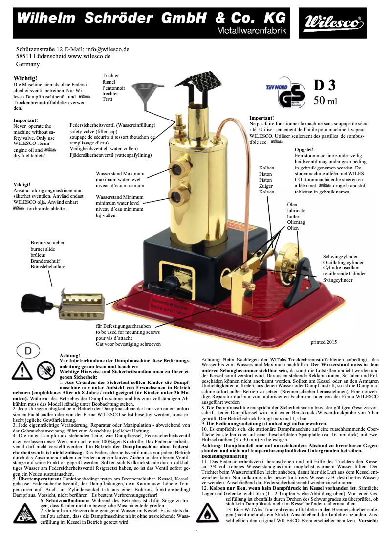 Page 1 de la notice Manuel utilisateur Wilesco D3 Steam Engine