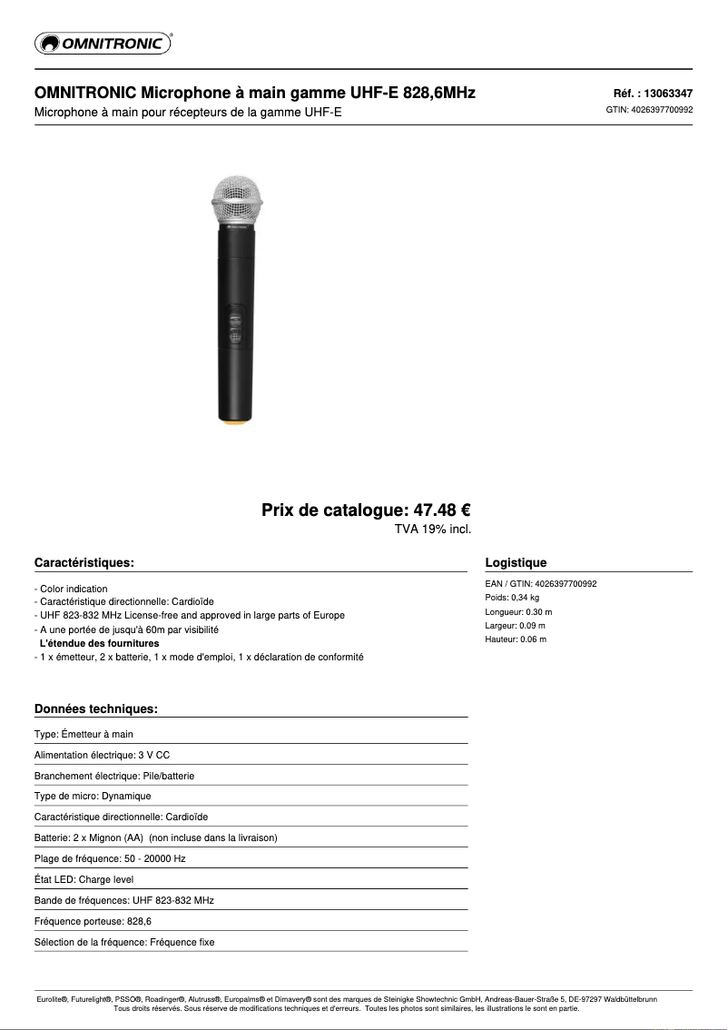 Page n°1 - Fiche technique Omnitronic E 828