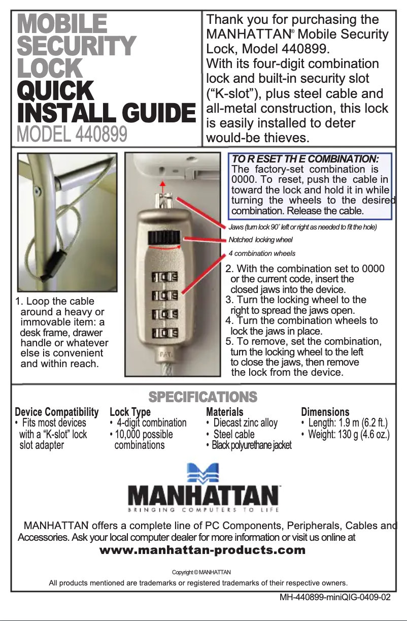Page 1 de la notice Manuel utilisateur Manhattan Mobile Security Lock