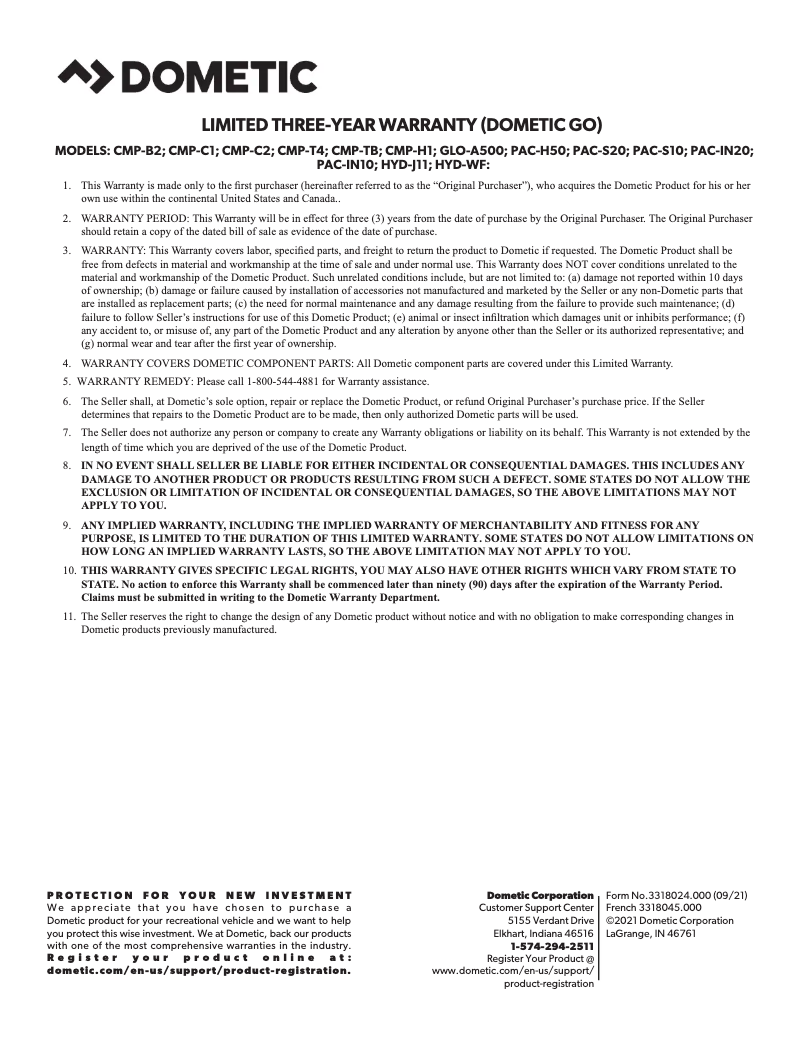 Page 1 de la notice Informations de garantie Dometic GO Hydration