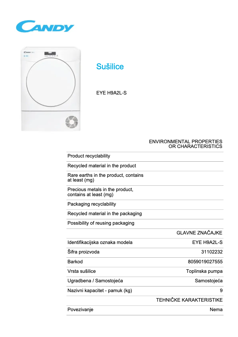 Page 1 de la notice Fiche technique Candy EYE H9A2L-S