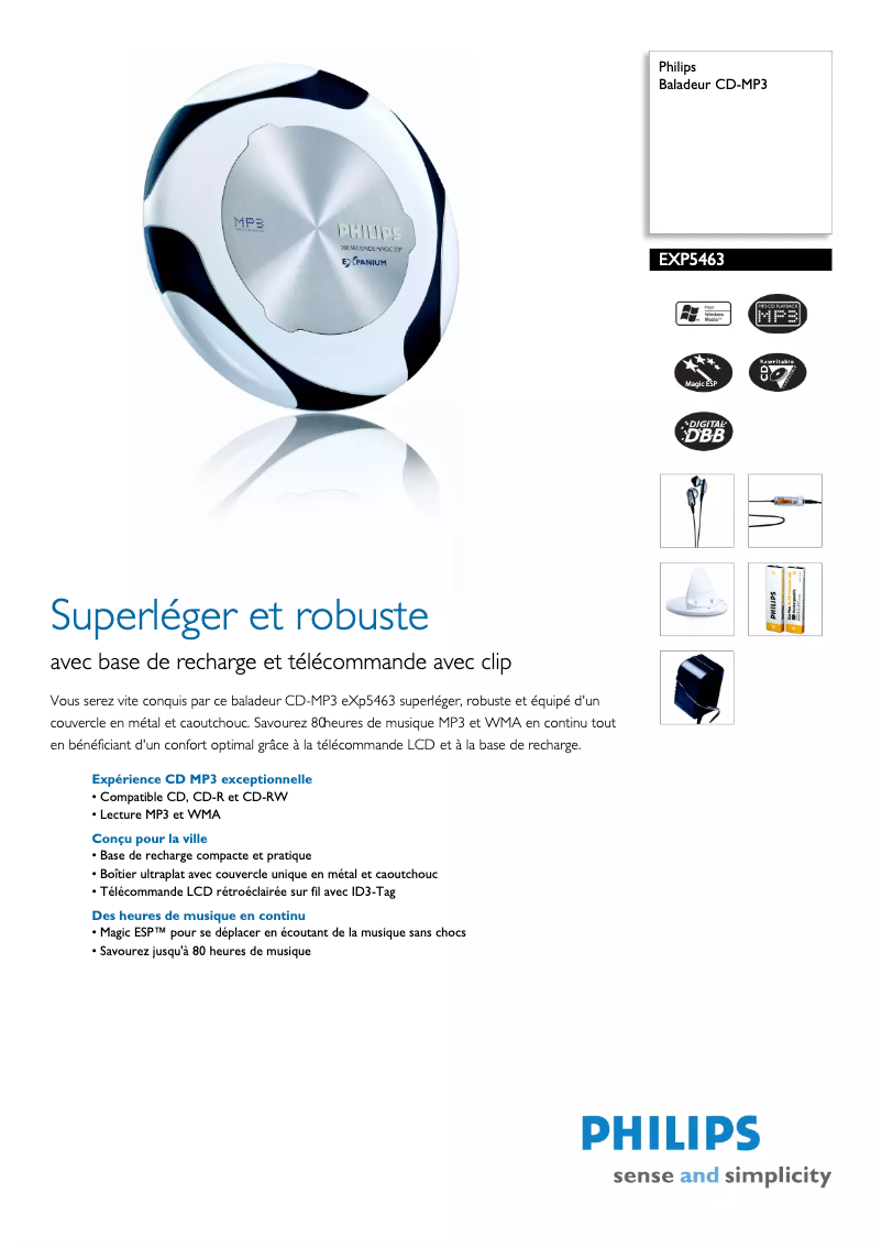 Page 1 de la notice Fiche technique Philips EXP5463