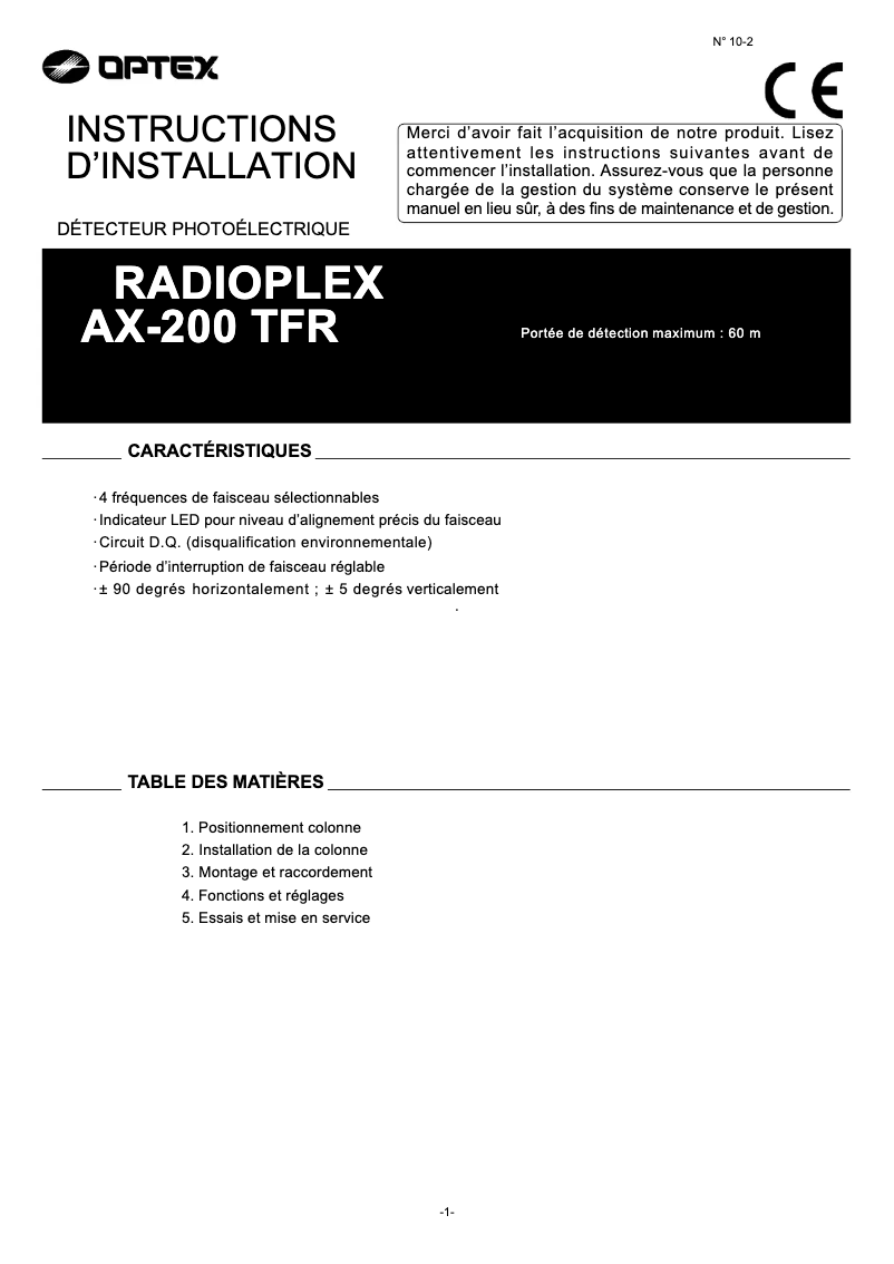 Page 1 de la notice Manuel utilisateur Optex AX-200TFR