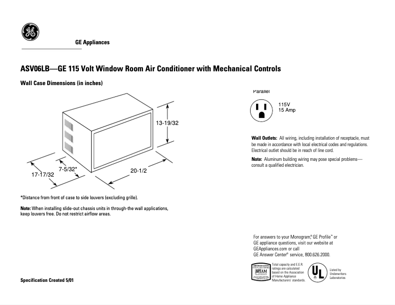 Page 1 of the manual Technical Sheet GE ASV06LB
