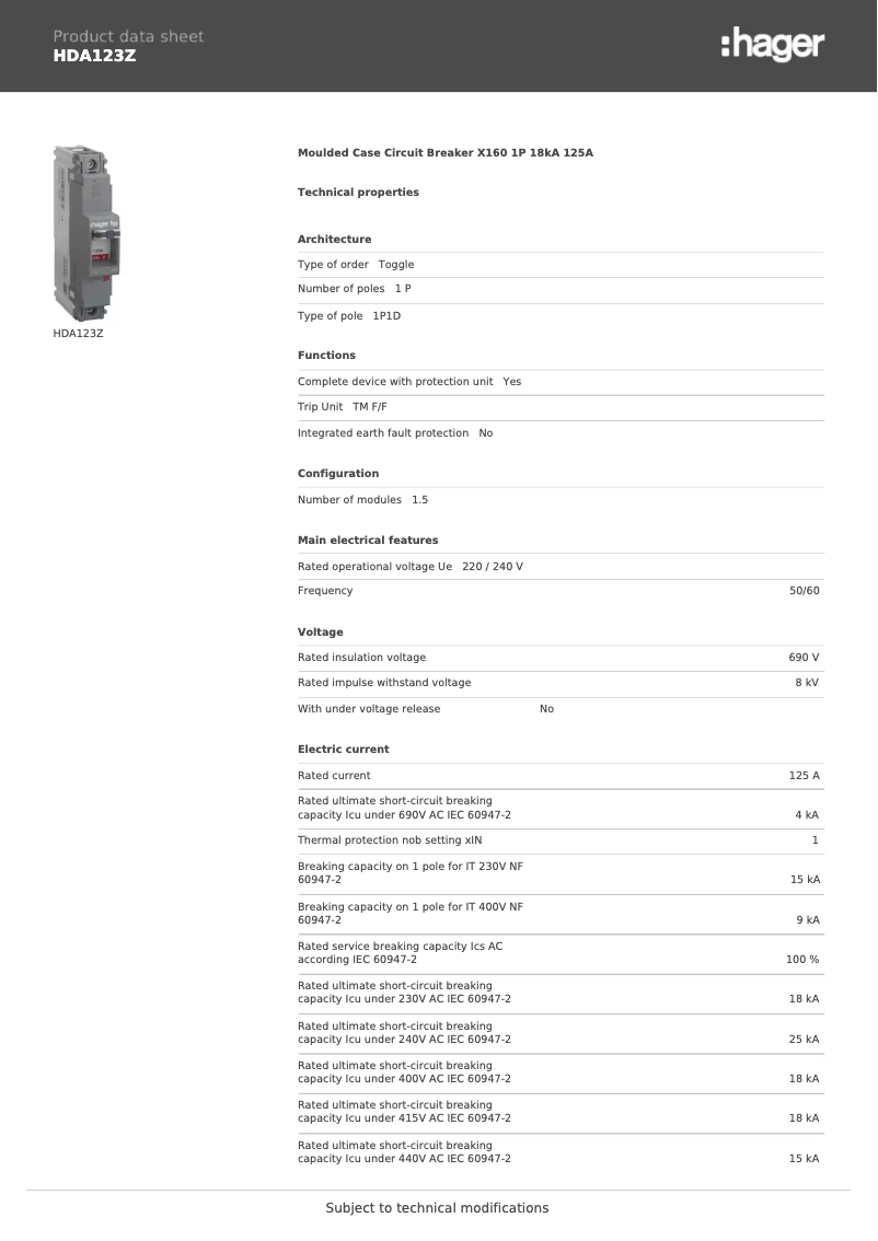 Page n°1 - Fiche technique Hager HDA123Z