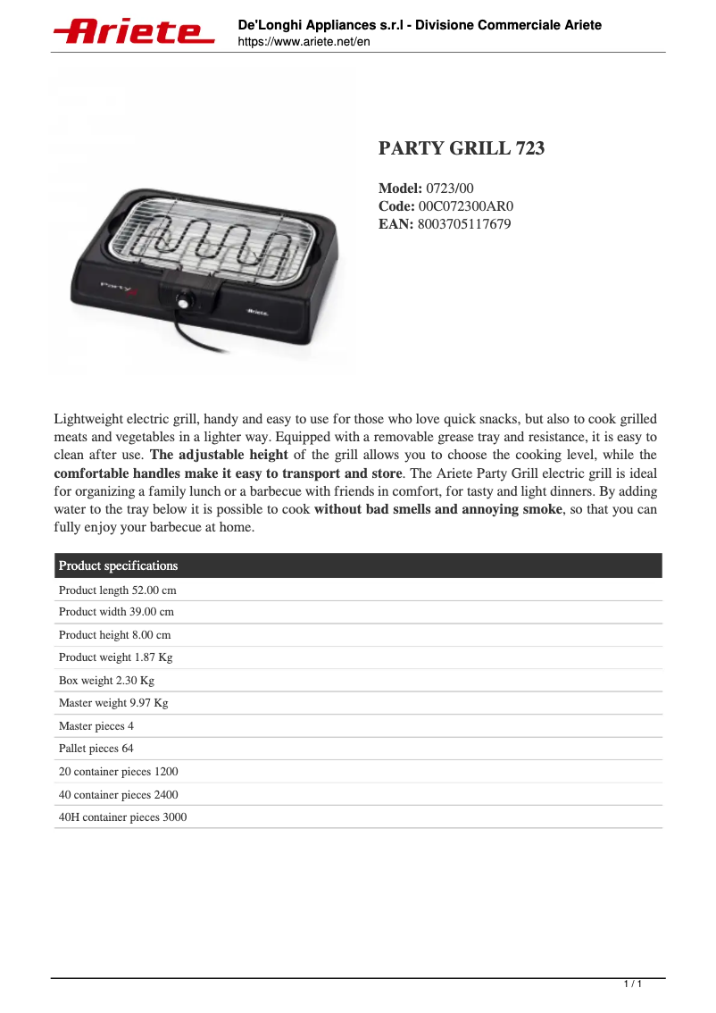 Page 1 de la notice Fiche technique Ariete Party Grill 723