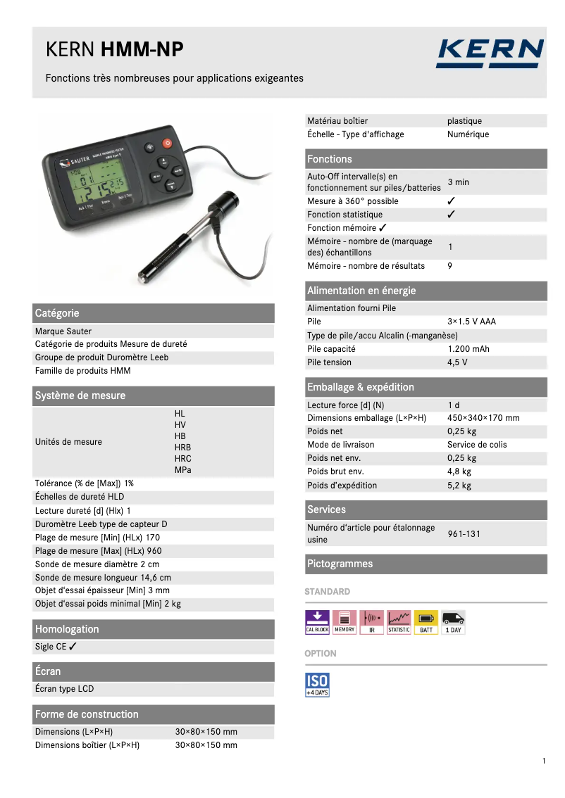 Page 1 de la notice Fiche technique Kern HMM-NP