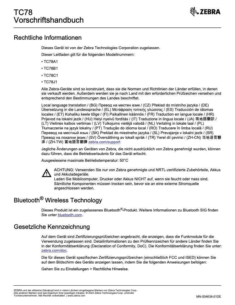 Page 1 de la notice Manuel utilisateur Zebra TC78