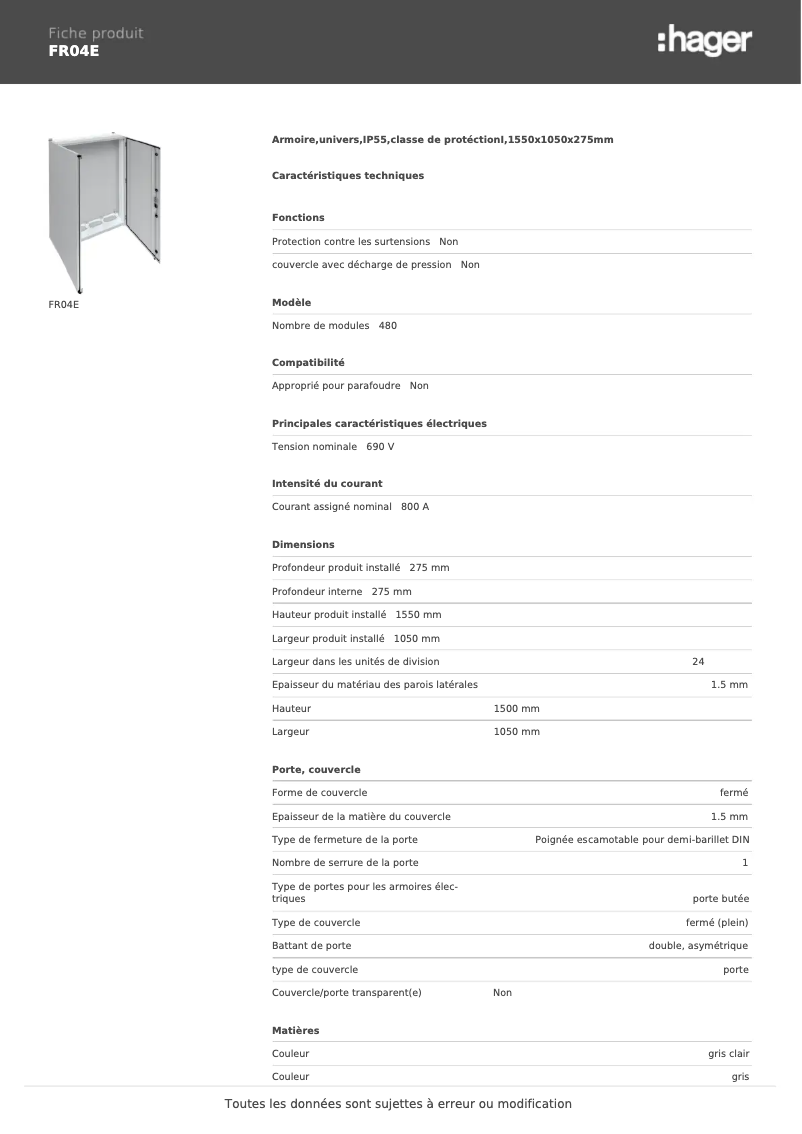 Page n°1 - Fiche technique Hager FR04E