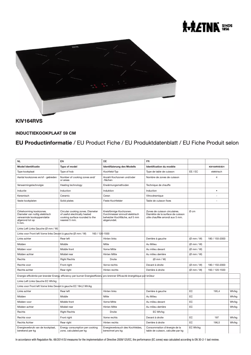 Page 1 de la notice Fiche technique Etna KIV164RVS