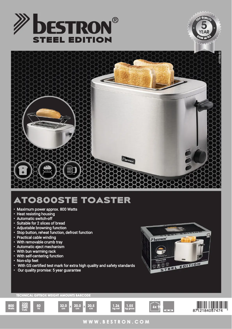 Page 1 de la notice Fiche technique Bestron ATO800STE