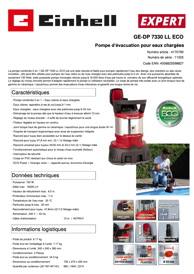 Page 1 de la notice Fiche technique Einhell GE-DP 7330 LL ECO
